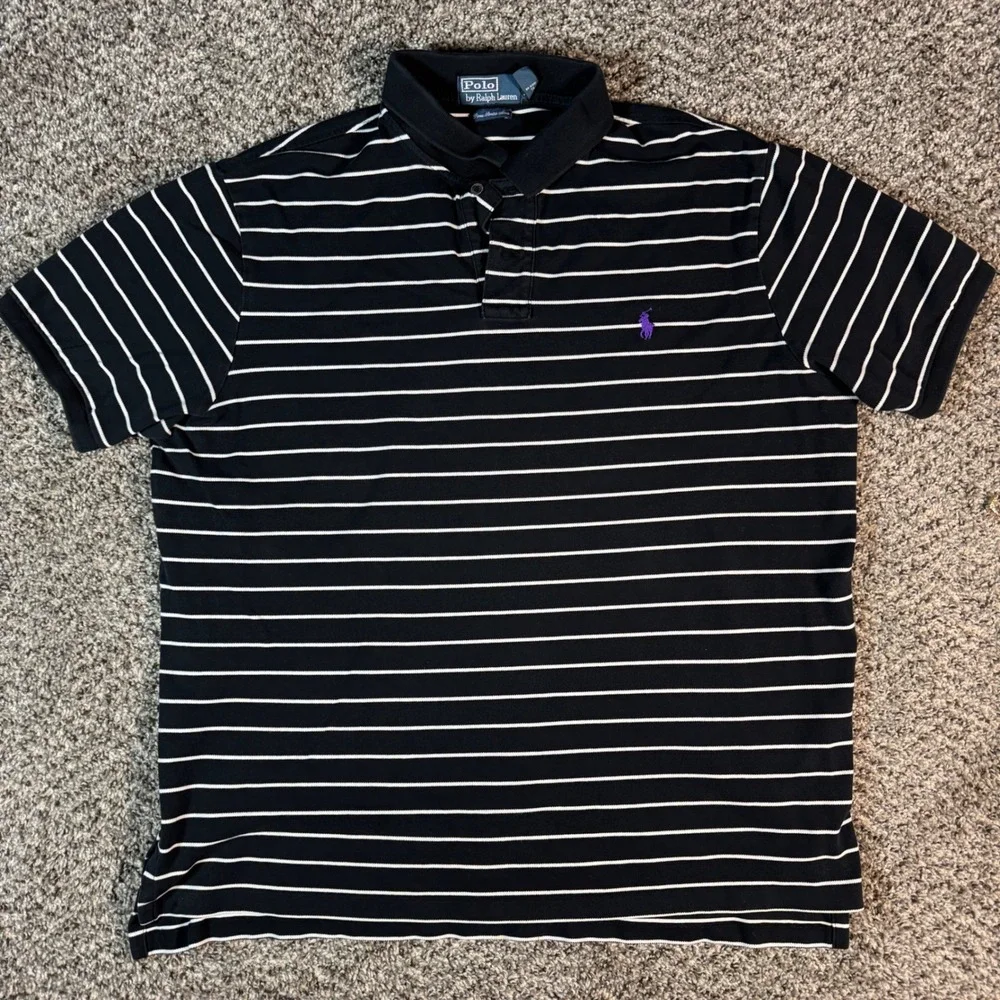 Polo Ralph Lauren Mens XXL Striped Pima Stretch Mesh Polo Shirt Black White Pony